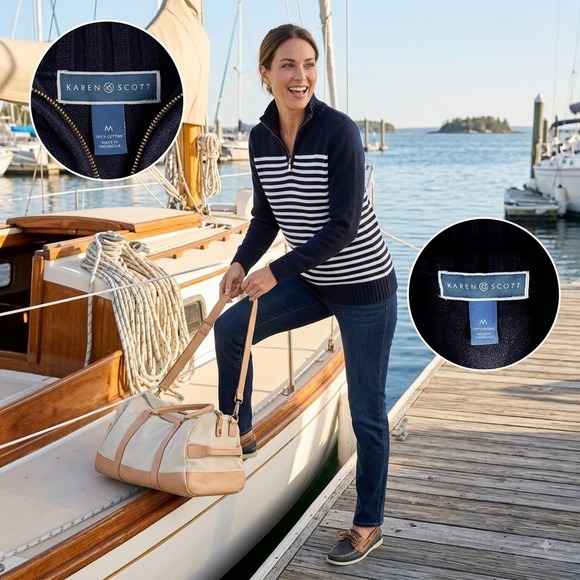 Karen Scott Sweaters - Karen Scott Women M Navy White Stripe Cotton Quarter Zip Sweater Nautical Preppy